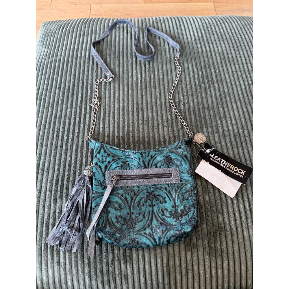 Leatherock Turquoise Black Embossed Genuine Leather Tassel Chain‎ Crossbody Bag